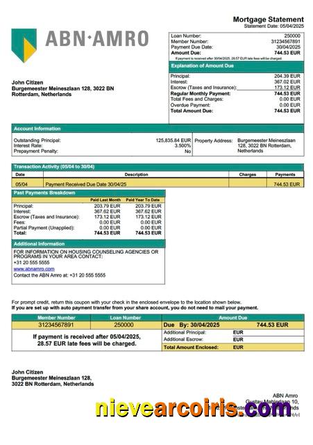 Netherlands ABN Amro mortgage statement Word and PDF template